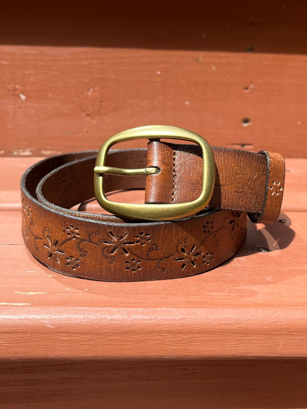 Y2K Boho Genuine Leather Floral Cut-Out Brass Buckle Belt Size M Cottagecore